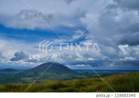 Cumulus or cluster clouds moving over a field with blue sky background in sunny weather in a wide angle shot 119883348