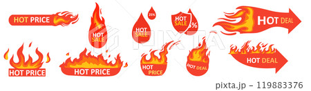 Badges for hot sales. Flaming deal banner, hot discount price label, and promotional offer tag with a fire frame. Badges for hot sales. Flaming deal banner, hot discount price label, and promotional offer tag with a fire frame. 119883376