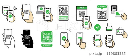 Set of icons for cashless payments and smartphone payments such as electronic money, QR code, hand payment. 119883385