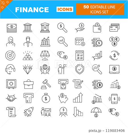 Finance outline icons with editable stroke collection. Includes Money, Bank, Savings, Global Business, Tax, and More.  119883406