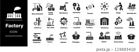Factory icon set. Containing industry production machine manufacture warehouse. Vector illustration Factory icon set. Containing industry production machine manufacture warehouse. Vector illustration 119883410