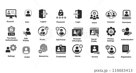User account icon set. Containing profile, password, login, username, avatar, connect User account icon set. Containing profile, password, login, username, avatar, connect 119883413