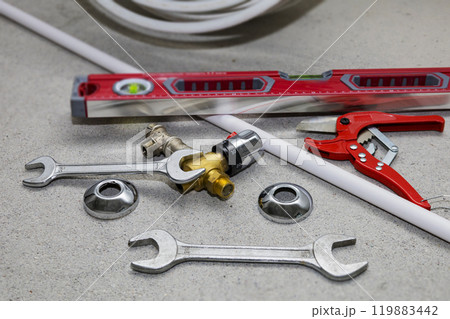 This collection includes tools like a wrench, cutter, and level This collection includes tools like a wrench, cutter, and level 119883442
