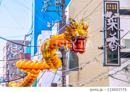 日本の横浜都市景観 2025春節燈花・中華街上海路にお目見えした龍のランタン＝11月3日 119883576
