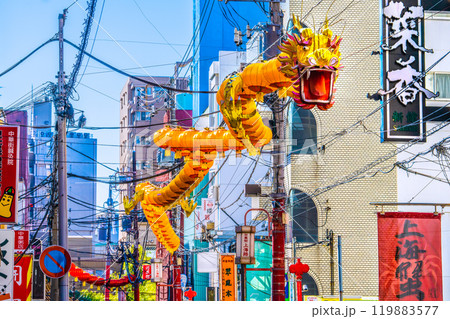 日本の横浜都市景観 2025春節燈花・中華街上海路にお目見えした龍のランタン＝11月3日 119883577