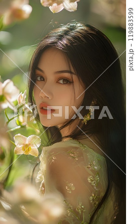 A striking portrait of a woman with long dark hair, golden eyeshadow, and a floral tattoo on her shoulder, beautifully framed by soft peach orchids and glowing light. A striking portrait of a woman with long dark hair, golden eyeshadow, and a floral tattoo on her shoulder, beautifully framed by soft peach orchids and glowing light. 119883599