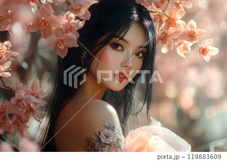 A striking portrait of a woman with long dark hair, golden eyeshadow, and a floral tattoo on her shoulder, beautifully framed by soft peach orchids and glowing light. A striking portrait of a woman with long dark hair, golden eyeshadow, and a floral tattoo on her shoulder, beautifully framed by soft peach orchids and glowing light. 119883609