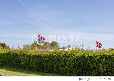 Danish flag and Ukrainian flag against the blue sky. 119883770