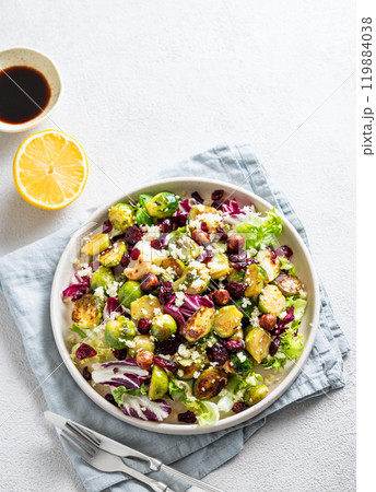 Vegetarian salad of roasted brussels sprouts with lettuce, quinoa, nuts and cranberries in a plate 119884038