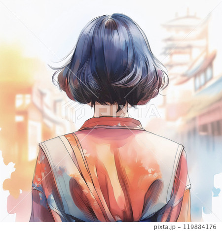 水彩画風の女性の後ろ姿 AI生成画像のイラスト素材 [119884176] - PIXTA