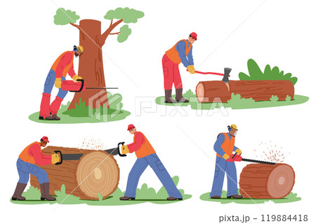 Workers Cut Trees And Logs With Chainsaws And Axes, Demonstrating The Logging Process. Various Stages Of Woodcutting 119884418