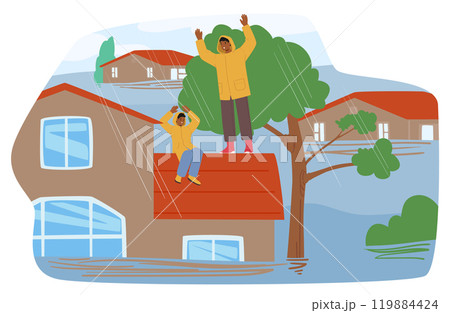 Flood Scene Where Two People Are Stranded On A Rooftop, Seeking Help As Floodwaters Rise Around Their Home Flood Scene Where Two People Are Stranded On A Rooftop, Seeking Help As Floodwaters Rise Around Their Home 119884424