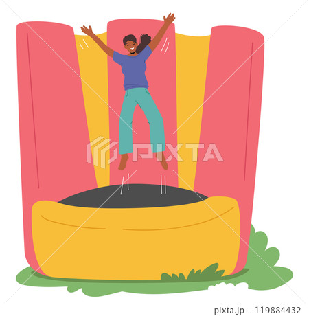 Joyful Girl Jumps On A Trampoline At An Amusement Park, Surrounded By Colorful Safety Walls. Cartoon Scene 119884432