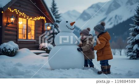 Two kids, bundled up in winter clothing, happily shape a snowman beside a house adorned with glowing garlands 119884589