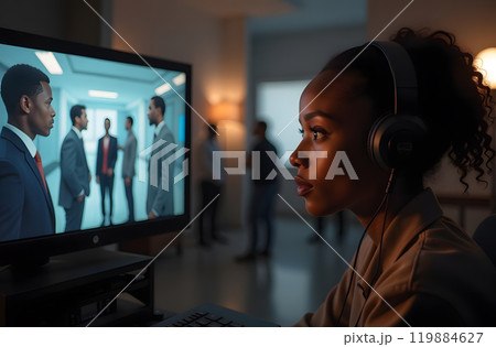 An African American female director wearing headphones and holding a tablet observes the film set. 119884627