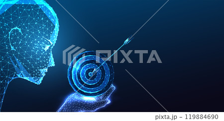 AI assistance for goals achievement concept with robotic head holding target on dark blue background 119884690
