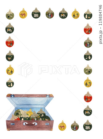 Christmas tree decorative balls and a vintage suitcase vertical frame isolated on white in watercolor. Illustration for posters, cards, stickers, posters, advent calendar, banner, New Year, stationary 119884746