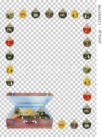 Christmas tree decorative balls and a vintage suitcase vertical frame isolated on white in watercolor. Illustration for posters, cards, stickers, posters, advent calendar, banner, New Year, stationary 119884746