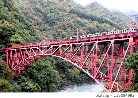 鉄橋を行くトロッコ電車　黒部峡谷鉄道　富山県 119884992