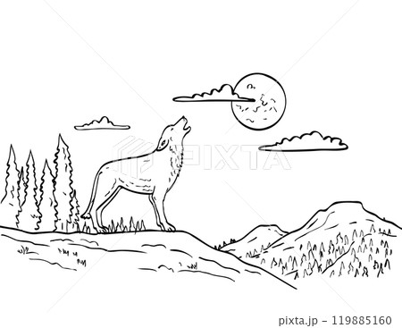 Wolf Howling at Moon Line Drawing Black and White 119885160