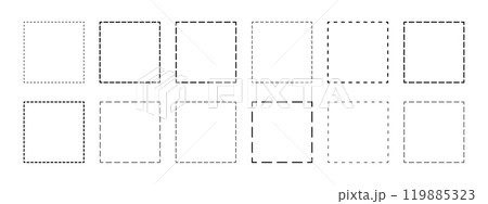 Set of geometric square shapes with dashed lines. Dotted figures isolated on white background. Simple cut here pictograms. Vector outline illustration 119885323