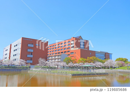 愛知県名古屋市、名古屋学院大学と満開の桜の風景 愛知県名古屋市、名古屋学院大学と満開の桜の風景 119885686