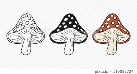 Flat Vector Hand Drawn Cartoon Fly Agaric Mushrooms Outline Illustration. Amanita Muscaria, Fly Agaric Illustration, Mushrooms. Magic Mushroom Icons, Design Template Flat Vector Hand Drawn Cartoon Fly Agaric Mushrooms Outline Illustration. Amanita Muscaria, Fly Agaric Illustration, Mushrooms. Magic Mushroom Icons, Design Template 119885724