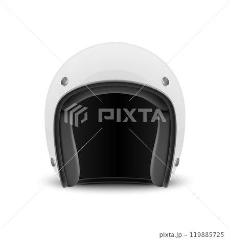 Vector 3d Realistic Blank White Glossy Classic Vintage Open-Face Motorbike Helmet Design Template for Mockup. Front View. Motorcycle Helmet Icon, Closeup, Isolated Vector 3d Realistic Blank White Glossy Classic Vintage Open-Face Motorbike Helmet Design Template for Mockup. Front View. Motorcycle Helmet Icon, Closeup, Isolated 119885725