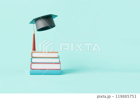 学業の成功を象徴する卒業帽と本の積み重ね 119885751