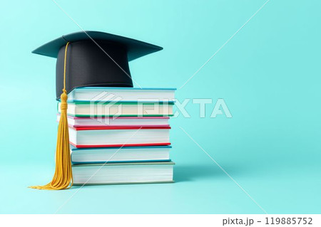 学業の成功を象徴する卒業帽と本の積み重ね 119885752