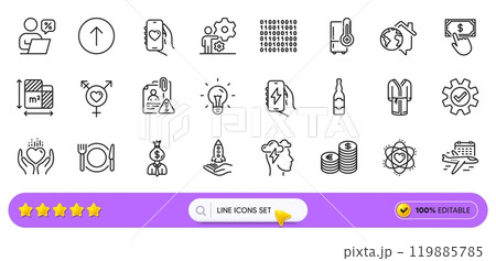 Idea, Swipe up and Hold heart line icons for web app. Pack of Work home, Manager, Floor plan pictogram icons. Refrigerator, Dating app, Restaurant food signs. Service, Payment click. Vector 119885785