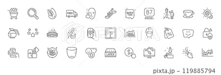 Smile, Arena stadium and Diesel line icons. Pack of Puzzle, Stress, Quick tips icon. Brush, Healthy face, Buy currency pictogram. Foreman, Smile face, Escalator. Cyber attack. Line icons. Vector 119885794