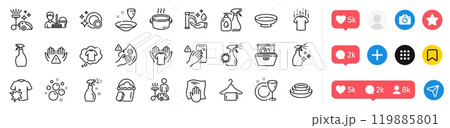 Cleaning liquids, Vacuum cleaner and Washing hands line icons pack. Social media icons. Clean dishes, Clean hands, Hold t-shirt web icon. Cleaning service, Dont touch, Sponge pictogram. Vector Cleaning liquids, Vacuum cleaner and Washing hands line icons pack. Social media icons. Clean dishes, Clean hands, Hold t-shirt web icon. Cleaning service, Dont touch, Sponge pictogram. Vector 119885801