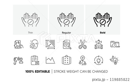 Qr code, Rule and Prescription drugs line icons. Pack of Eco energy, Analytics chart, Electronic thermometer icon. Line chart, Discrimination, Triangle area pictogram. Idea. Line icons. Vector 119885822