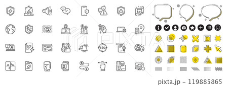 Set of Seo, Loud sound and Ab testing line icons for web app. Design elements, Social media icons. Recovery cloud, Water cooler, Artificial intelligence icons. Vector 119885865