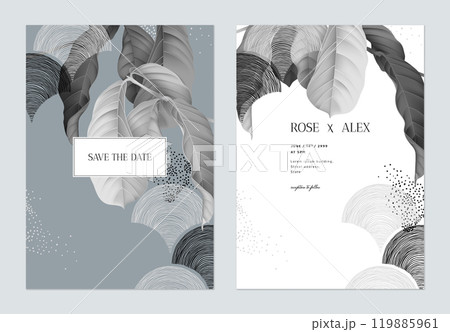 Wedding invitation card template design features pride of India with abstract hand drawn shapes in grey and silver tones 119885961