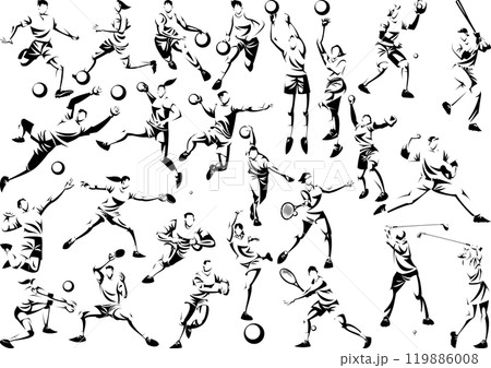 いろいろなスポーツ（球技）のアスリートたちシルエットセット 119886008