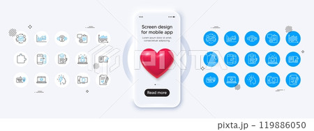 Phone mockup with 3d heart icon. Diagram chart, Approved agreement and Financial diagram line icons. Pack of Best manager, Puzzle, Website education icon. Vector 119886050