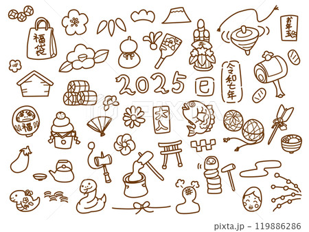 手描き正月イラスト素材 線画 2025 手描き正月イラスト素材 線画 2025 119886286