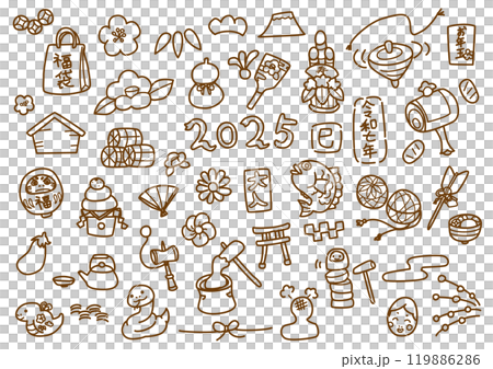 手描き正月イラスト素材 線画 2025 手描き正月イラスト素材 線画 2025 119886286