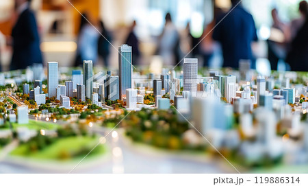 都市の緑地と高層ビルの模型 119886314