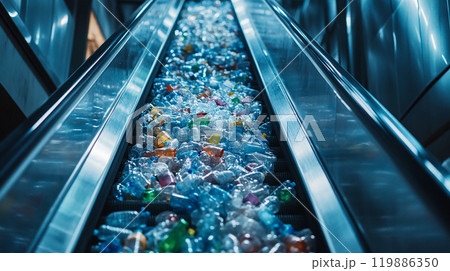 コンベアベルトに乗せられた大量のプラスチックボトル 119886350