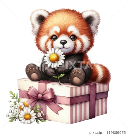 Red panda and national flower Clipart Watercolor  119886976