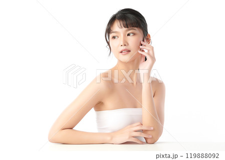 Beautiful young asian woman with clean fresh skin on white background, Face care, Facial treatment, Cosmetology, beauty and spa, Asian women portrait. 119888092