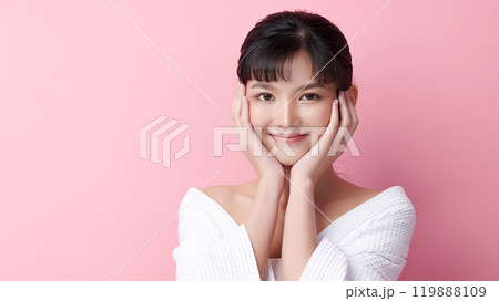 Beautiful young asian woman with clean fresh skin on pink background, Face care, Facial treatment, Cosmetology, beauty and spa, Asian women portrait. 119888109