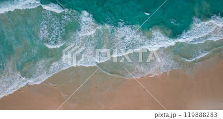 Aerial view drone over beach sea. Beautiful sea waves. Beach sand and amazing sea in Dominican Republic. Aerial view drone over beach sea. Beautiful sea waves. Beach sand and amazing sea in Dominican Republic. 119888283