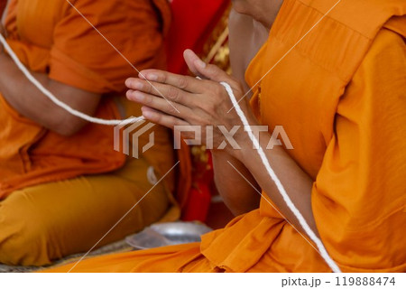 In the morning the monks walk for alms with the Buddhists, offering food to the monks with devotion. 119888474