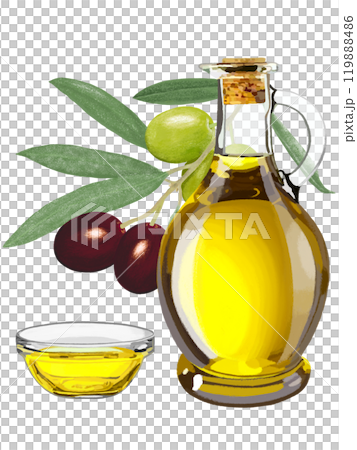 オリーブオイル（瓶、ボウル、枝葉実付き）完熟と未熟 119888486