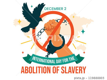 International Day for the Abolition of Slavery Vector Illustration on December 2, Featuring Symbols of Handcuffs, Chains, Pigeons in a Background 119888803