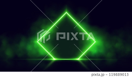 Neon door with smoke, green glowing portal, futuristic rhombus gate, magic border with vapor. 119889013